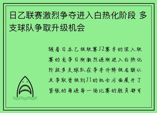 日乙联赛激烈争夺进入白热化阶段 多支球队争取升级机会