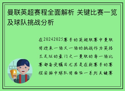 曼联英超赛程全面解析 关键比赛一览及球队挑战分析